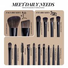 BS-MALL 16件套经典黑色化妆刷套装 + 1支黑色防水眼线笔，高品质面部、眼部和眉部化妆工具套装 - 黑色 - 查看 8