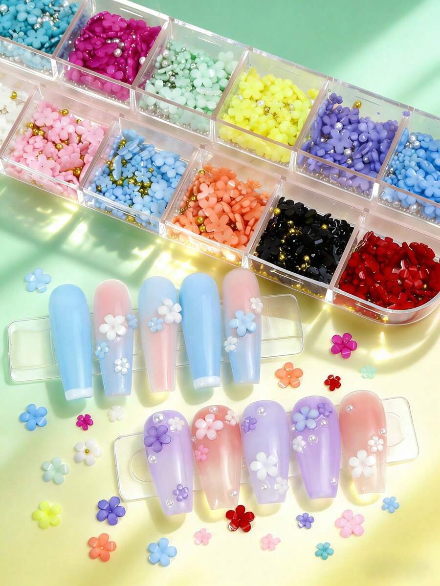 12 colores Encantos de uñas de flor 3D acrílicos de tamaño mixto de 3 mm y 6 mm con cuentas doradas y plateadas, decoración de arte de uñas floral linda, viral INS Y2K, manualidades de manicura - Multicolor - Ver 1