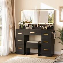 Escritorio de vanidad con espejo grande y luces, escritorio de vanidad de maquillaje de 45,9 pulgadas, 3 modos de iluminación Brillo ajustable, mesa de vanidad con toma de corriente y 8 cajones, para sala de polvo y dormitorio - Negro - Ver 7
