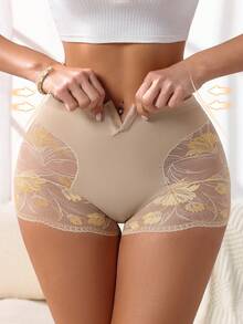 Women's Front Button High Compression Briefs, Lace Print Design Tummy Control Hip Lift Comfortable Shapewear Panties - Apricot - View 3