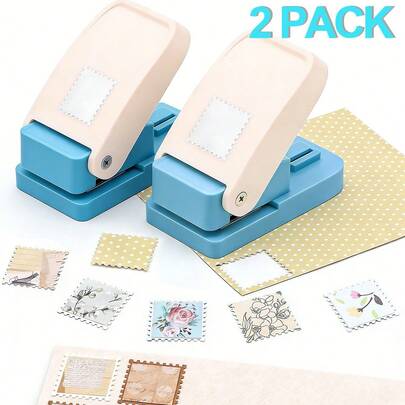 Set Of 2,Rectangular/Square Postage Stamp Shape Craft Hole Punch, Scalloped Edge Paper Punch For Card Making, Scrapbooking, DIY, Portable Lever Action Puncher