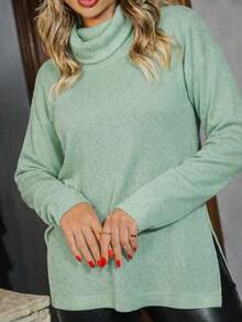 Women's High Neck Knit Blouse, Winter Stripes, Casual Fashion, Striped, Color Block, Shiny, Knitted, Home, Night, Holiday, Winter - 薄荷綠順滑 - 查看 2