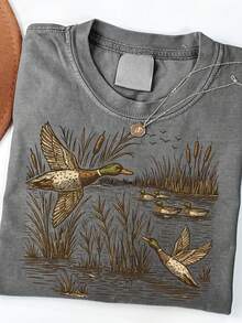 Women's Washed T-Shirt - Women's Washed T-Shirts, Retro Mallard Duck T-Shirts, Duck Hunting Shirts, Duck Hunter T-Shirts, Mallard Duck, Hunting T-Shirts,  Streetwear, Local Warehouse. - Summer Tops - 2026 New Summer Outfits For Women  - Women's Clothes - 100% Cotton Unisex Top - 灰色 - 查看 7