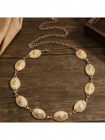 Corrente de cintura geométrica, acessório vintage exótico em metal ajustável para mulheres, padrão geométrico boêmio em liga de zinco, adequada para primavera, verão, outono e inverno.