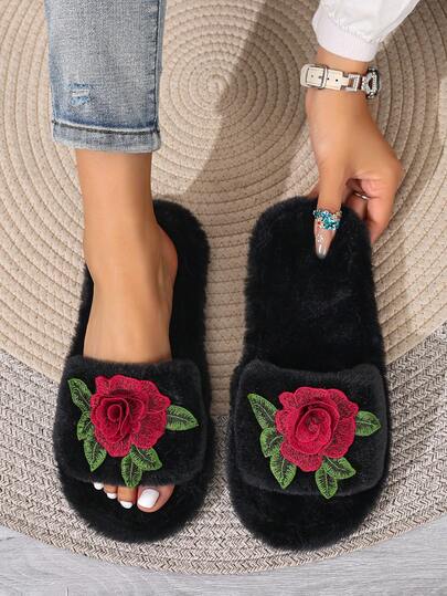 2026 Autumn/Winter Big Floral Plush Slip-On Slippers, Indoor & Outdoor Wear