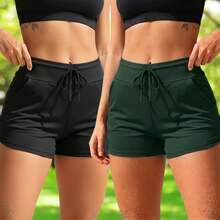 Acqua Bronze Kit 2 Short Suplex Cordão Bolso Ajustável Feminino Versátil Banho Esporte Cós Duplo Esportivo  Simples  Casual - Preto/Verde Militar - Visão 1