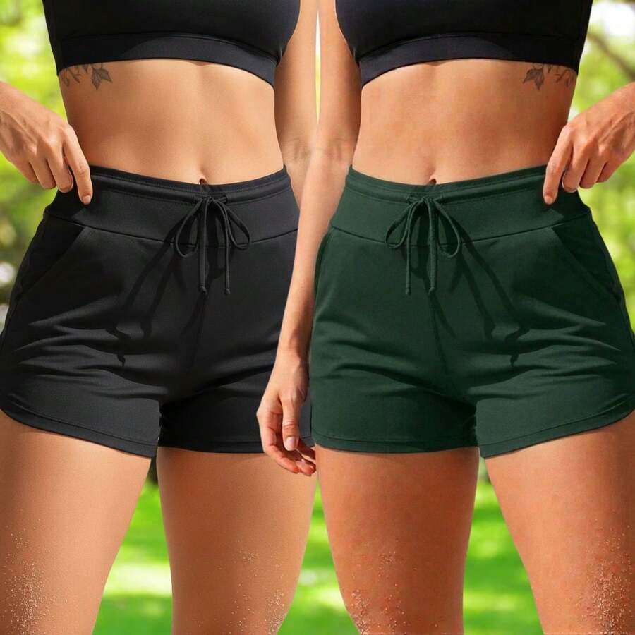 Acqua Bronze Kit 2 Short Suplex Cordão Bolso Ajustável Feminino Versátil Banho Esporte Cós Duplo Esportivo  Simples  Casual - Preto/Verde Militar - Visão 1