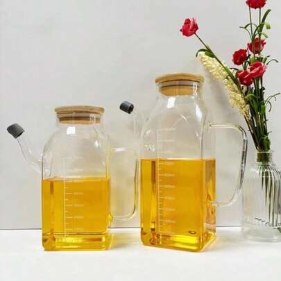 1pc Thick Glass Olive Oil Bottle With Measurement Scale (Ml/Cm²) - Rectangular PVC-Free Kitchen Oil Bottle, Suitable For Cooking, Salad Dressing, Grilling - Ideal For Home And Restaurant Use, Olive Oil/Avocado Oil Container, Oil Bottle, Olive Oil Bottle, Kitchen Decor