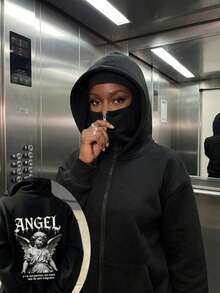 天使印花拉法帽/面罩，加长款，女士拉链卫衣/带口袋卫衣，适合秋冬春三季，也适合万圣节、圣诞节等场合，可作外套、时尚单品、街头服饰、Y2K风格。 - 黑色 - 查看 2