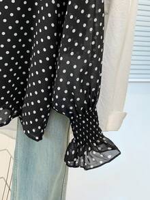 YUXIN Áo kiểu nữ mùa xuân hè chấm bi bằng vải chiffon, cổ cao, tay bồng, dáng rộng, thoáng khí, tôn dáng, thích hợp cho công sở, dự tiệc và mặc hàng ngày trong nhiều dịp. - Nền đen với các chấm trắng - Xem 10