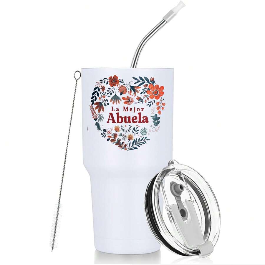 30oz Stainless Steel Tumbler Black White Options, The Best Grandma Floral Pattern Graphic Cups, Insulated Travel Coffee Mug With Lid And Straw , Double Wall Vacuum Reusable Travel Cups, Funny Birthday Party Gift For Men - trắng - Xem 1