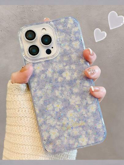 1pc New INS Spring Color Floral Print Transparent Glitter Phone Case For IPhone 16 15 14 13 12 11 Pro Max Plus Protective Cover