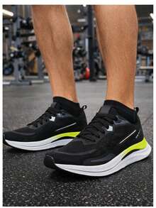 Black And White Athletic Running Shoes With A Comfortable High Sole, Ideal For Running, Walking, And Gym Workouts. - Lime Green - View 5