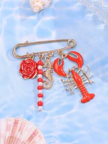 Broche Bohemian Red Lobster Seahorse Floral (1 peça), Alfinete de Lapela Criativo com Elemento Oceânico, Cinturão para Saia-Short, Ideal para Uso Diário na Praia e Férias - Multicolorido - Ver 4