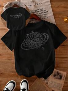 女士宽松亮片字母图案T恤，夏季 - 黑色 - 查看 5