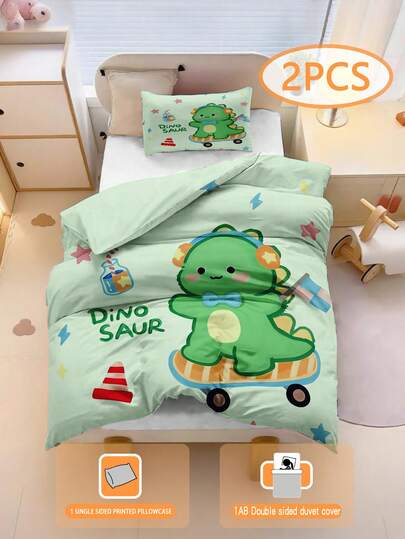 2PCS Toddler Bedding Set Cute Skateboard Dinosaur Duvet Set(Four Season Collection) Double-Faced Duvet Cover Set For Baby Children'S Machine Washable Suitable For Newborn Beds Crib Giving Gifts During Holidays (1 Single-Sided Printed Pillowcase+1 Double-Sided Printed Duvet Cover,No Filling Material) The Pillowcase Is Single-Sided Printed And Measures 40x60cm 100% Polyester