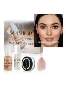4pcs Makeup Base Set | Includes Liquid Foundation, Makeup Primer, Sponge Puff & Loose Powder, All-In-One | Beginner-Friendly, Flawless Long-Wearing Finish | Perfect Gift Set - Multicolor - View 3