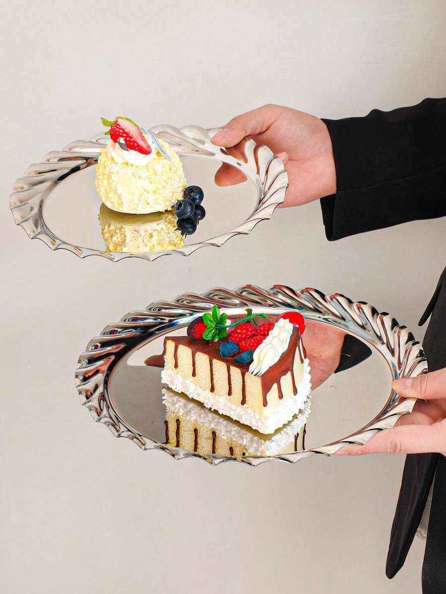 1个欧式不锈钢螺旋边托盘，下午茶蛋糕水果盘，甜点盘，家用餐桌托盘 - 銀色 - 查看 1