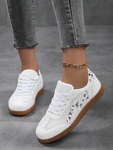 女士平底简约百搭圆头系带运动鞋，透气舒适轻便休闲日常运动鞋 - 白色 - 查看 10