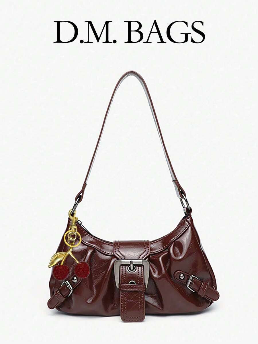 Y2K 女士复古梅洛红做旧皮革机车包，铆钉、搭扣装饰，褶皱云朵造型肩包/腋下包，樱桃吊饰，适合工作、通勤、约会、派对等场合。 - 紅木色 - 查看 1