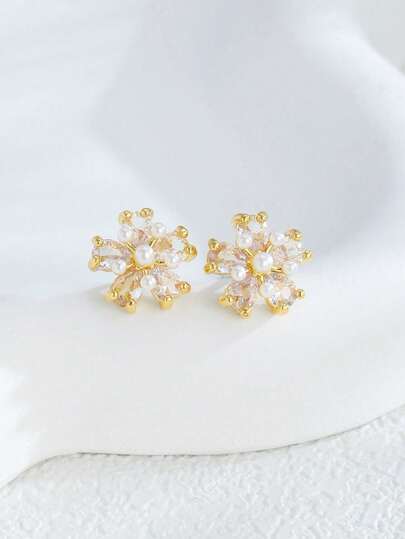 1pair Exquisite And Beautiful Copper Inlaid Zirconia ABS Pearl Decorative Earrings Flower Decorative Earrings Party Party Decoration Earrings Perfect Gifts Jewelry Accessories