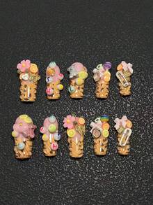10 Pieces 3.3cm Handmade Square False Nails, Paired With Fruits, Bows, Flowers, And Various Decorations, Set With Nail Stickers, Suitable For Women And Girls, Valentine's Day, Parties, Festivals, And Daily Wear. Nail Accessories, Acrylic Nail Kit, Including Kit, Hand Pressed Nail Art, Fake Nail Stickers, And Nail Supplies. - Multicolor - View 2