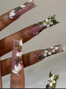 10pcs French Manicure Extra Long Luxury 3D Flower Rhinestone Square Press-On Nails, Suitable For Girls, Holidays, Weddings, Parties - Màu xanh bạc hà - Xem 3