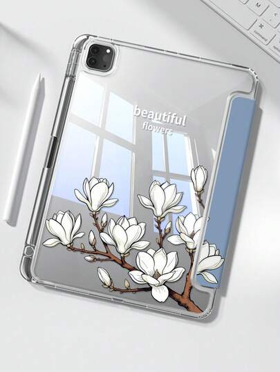 A Delicate And Cute Cartoon Letter Magnolia Flower Pattern Double-Sided Acrylic Transparent Crystal Back Cover, Shock-Absorbing, Suitable For IPad 7th, 8th, 10th Generation (10.2 Inch), Built-In Pen Slot, Support Sleep/Wake Function, An Ideal Gift Choice