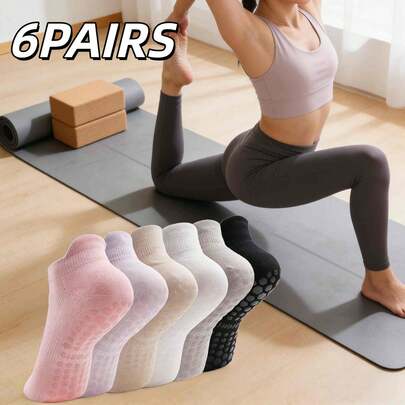 6 Pairs Women's Yoga Pilates Non-Slip Grip Socks, Ankle Grip Workout Socks For Ladies