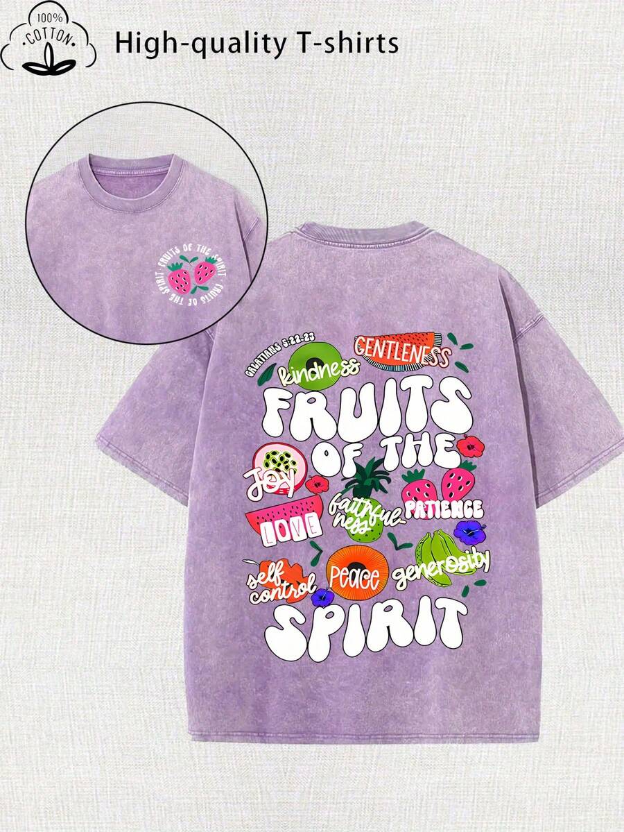 Summer Tops 2026 Women's  Patterned Printed Vintage Washed T-Shirt - 230g Thick Cotton, Vintage Street Style Round Neck Short Sleeves, Machine Washable, Suitable For Casual Wear In Spring And Summer, Unique Loose-Fit Women's T-Shirt. Spring Outfits For Women - 紫色 - 查看 1