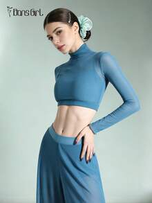 DonsGirl Damen Rollkragen Crop Top und super weiche, dehnbare Mesh Weite Bein Hose Set - vielseitiges elegantes blaues Outfit, geeignet für Aerial Yoga, zeitgenössisches/klassisches Ballett-Aufführung - Blau - Übersicht 4