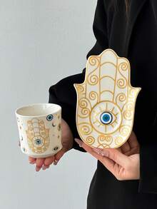 1 Set Taza y platillo de café de ojo de demonio de cerámica, taza de té y café artesanal de alta estética, adecuado para el hogar, restaurante, cafetería - Taza de desayuno, taza de té, taza de café linda, creativa y personalizada, regalo perfecto para cumpleaños y días festivos - Multicolor - Ver 8
