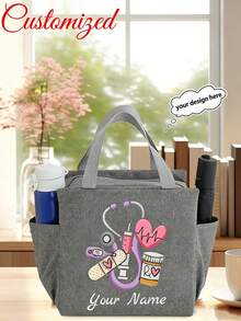 1 pieza Bolso de enfermera personalizado con nombre, bolso de mano con estetoscopio personalizado, bolsa de almuerzo personalizada con tema de enfermera con nombre, diseño con patrón de latido del corazón y estetoscopio, bolsa de almuerzo aislada con bolsillos duales - Multicolor - Ver 13