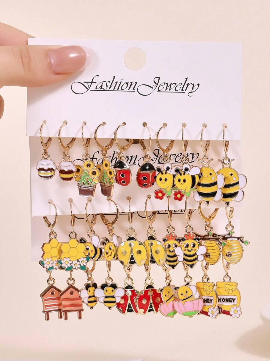 10pcs/30pcs Spring/Summer New Metal Drip Oil Cute Bee, Flower, Ladybug, Honeycomb Earring Set