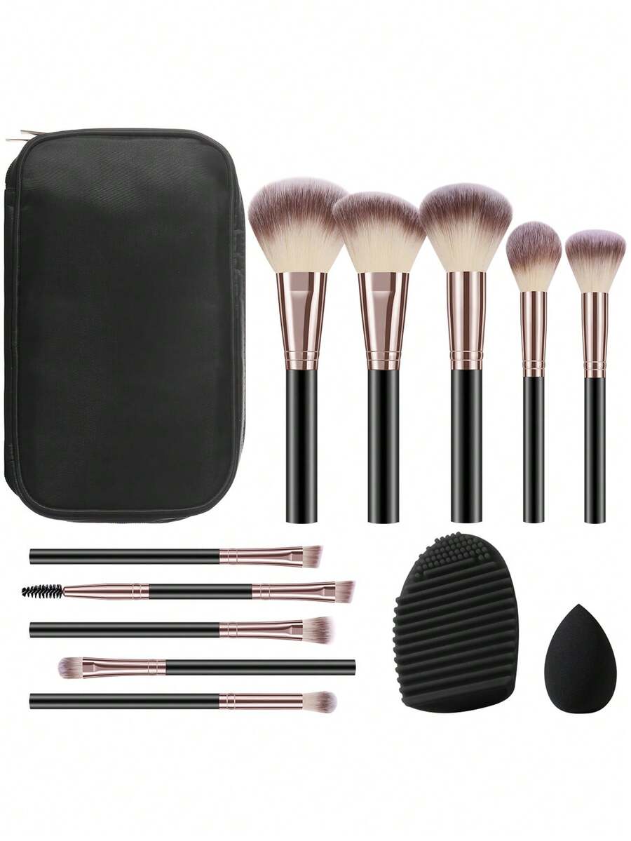 13PCS Makeup Tools Set Including:10PCS Makeup Brush Set+1pc Storage Bag+1pc Makeup Brush Cleaning Tools+1pc Mini Makeup Sponges - Multicolor - View 1