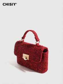 Retro And Elegant Tweed Handbag, Generous And Simple Shoulder Bag, Customized Gold Ball Buckle Crossbody Bag, Suitable For Business Casual, Shopping And School, Front Twist Lock Handbag, With Shoulder Strap, Shoulder Bag, Crossbody Bag Is Very Suitable For Daily Life, Party And Travel, Lightweight And Durable, Versatile Retro Charm, Suitable For Women Who Pursue Elegant Personality, Suitable For Any Occasion, Showing Unique Fashion Taste - 小香酒紅色 - 查看 3