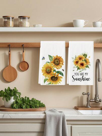 2 chiếc khăn lau bếp họa tiết hoa hướng dương vàng vẽ màu nước, khăn trang trí nông trại bướm ong mùa xuân/hè cổ điển, khăn lau bát đĩa, khăn tay dùng cho tiệc tùng ngày lễ, phù hợp cho nhà bếp, phòng ăn và bàn ăn.