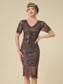 20世纪20年代复古亮片流苏下摆修身正式礼服，适合派对、婚礼等场合，春季穿着 - 咖啡棕 - 查看 3