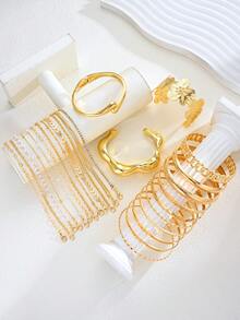 30/25/15/13/10/7/6件套复古多件套可叠戴粗链手镯，款式包括几何、花卉、心形、水滴形、扭曲形、人脸、星芒形、浮雕、爱心文字、波浪形、编织形、树脂珠、仿珍珠、水钻、亮片、蛇形链、飞机链、马蹄形链、锁链等，CCB多元素，简约光滑厚手镯套装，适合节日、派对、约会、送礼、日常佩戴。 - 金黃色 - 查看 6