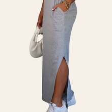 Women's Long Dress Set With Side Slit And Pockets - Gray + Beige - View 4