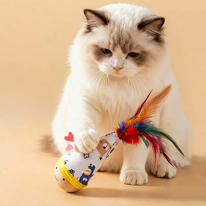 Wooden Base Cat Tumbler Teaser With Artificial Feather, Cartoon Design Boredom Relief Interactive Pet Toy