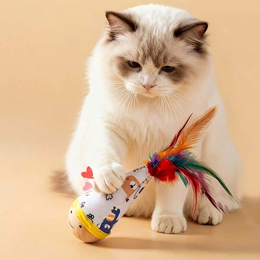 Đồ chơi lật đật bằng gỗ cho mèo, có lông vũ nhân tạo, thiết kế hoạt hình, giúp giảm buồn chán và tạo sự tương tác cho thú cưng. - Nhiều màu - Xem 1