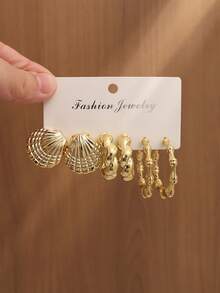 6/18pcs Fashionable Elegant Shell & Geometric Multi-Element Gold Metal Earring Set, Women Daily Wear Earring Jewelry Set - Gold - View 8