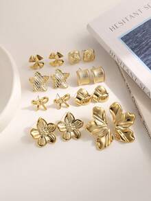 4/6/16pcs Fashionable Elegant Starfish, Flower, Bow, Geometric Multi-Element Golden Metal Earring Set, Women Daily Wear Earring Set - Gold - View 2