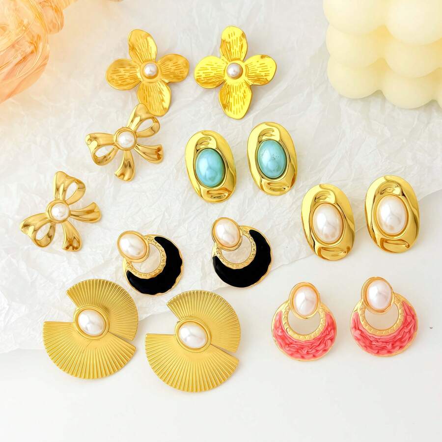 Luxury Stainless Steel Gold Plated Non-Fading Oil Pressure Earrings, Fashionable Personalized Gold Shell Pearl Shape Earrings - Butterfly - View 1