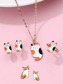 Bộ trang sức hình mèo dễ thương bằng hợp kim kẽm tráng men nhiều màu sắc, gồm 1 dây chuyền, 1 nhẫn và 2 bông tai, thích hợp cho bé gái đeo hàng ngày. - Nhiều màu - Xem 6
