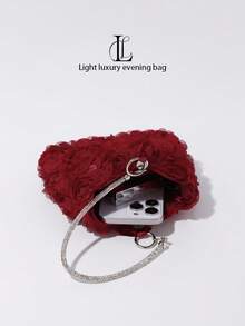 Elegant Luxury 3D Floral Pattern Evening Clutch, Rose Flower Handbag, Paired With High-End Diamond Bracelet Handbag, Suitable For Parties, Weddings, Galas, Celebrations, Valentine's Day, Women's Gifts, Formal Attire Matching, Formal Occasions, Lace - Burgundy - View 5