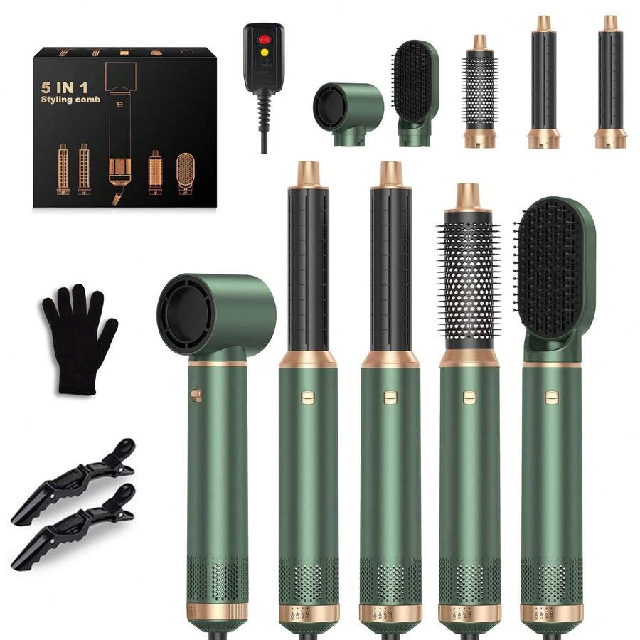 5-In-1 Green & Gold Air Styler: Perfect Valentine's Gift With 800W Power For Curling, Straightening & Drying, Ideal For Travel & All Occasions - Xem 1
