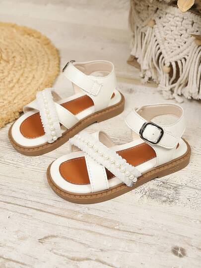 1 Pair Girls Pearl Lace Trim Sandals, Soft Synthetic Leather, Non-Slip Durable, Open Toe Hook And Loop Closure, Square Heel, Elegant Princess Style, Suitable For Summer Daily Wear