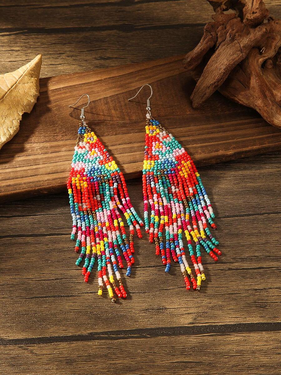SOUL BEADING Handmade Bohemian Beaded Earrings, Vintage Style, Vacation Style, 16 Floral Patterns, Long Tassel Pendant, Women's Earrings, Tassel Earrings, Handmade Earrings, Suitable For Women's Daily Vacation Wear, Versatile Gift - Red - View 1